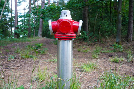 Red fire hydrant in the forest.