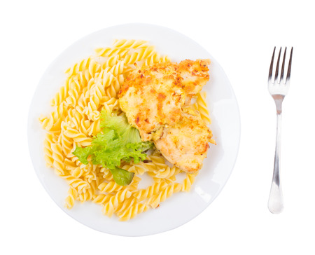 Cutlets with chicken and macaroni
 on a white backgroundの写真素材