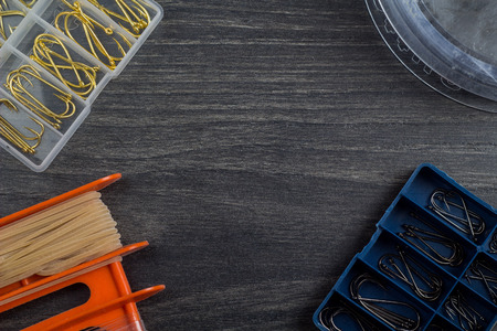 Fishing tackles on a tableの写真素材