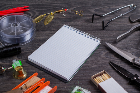 Tourist set on a wooden tableの写真素材