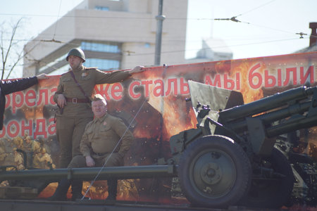 Russia, Yekaterinburg, May 07, 2022. Editorial. Celebration of victory in World War 2. Theatrical...
