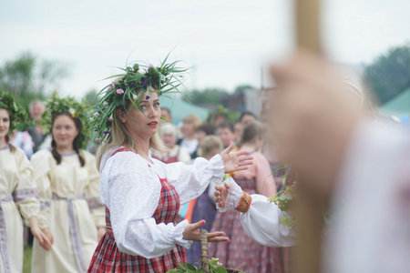 Russia. Sverdlovsk region. Koltashi village. June 18, 2022 Full-color editorial photo. Ural Ethnic Festival named after Danila Zverev.のeditorial素材