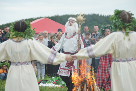 Russia. Sverdlovsk region. Koltashi village. June 18, 2022 Full-color editorial photo. Ural Ethnic Festival named after Danila Zverev.のeditorial素材
