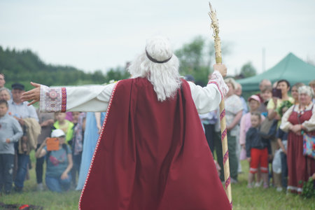 Russia. Sverdlovsk region. Koltashi village. June 18, 2022 Full-color editorial photo. Ural Ethnic Festival named after Danila Zverev.のeditorial素材