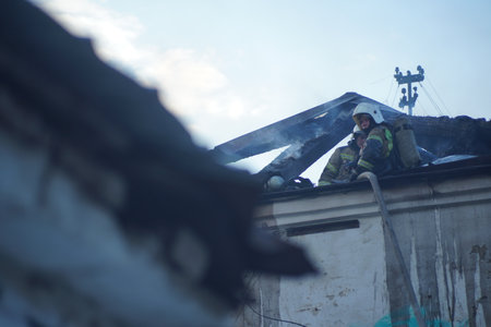Yekaterinburg, Sverdlovsk region, Russia. June 30, 2022. Editorial. Another monument of history and culture burned down in Yekaterinburg. Courageous work of firefighters.のeditorial素材