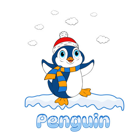 Cute cartoon penguin in a scarf and hat. Vector illustration.のイラスト素材