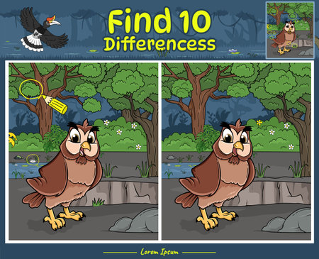 Find Differences game cartoon owl with background jungle night. Education game for children. Fun activities for kids to play and learn.のイラスト素材