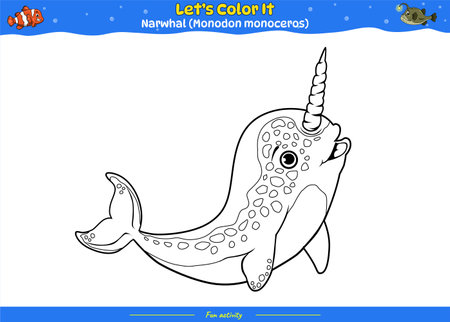 Lets color it . Coloring page with cute cartoon. Coloring page Narwhal. Educational game for children. fun activities for kids to play and learn.のイラスト素材