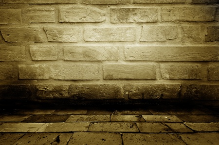 Empty old spacious room with stone grungy wall weathered dirty floor, vintage background texture of brickwallの写真素材