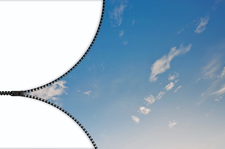 Zipper concept  white space on blue sky, blank space for your texts 