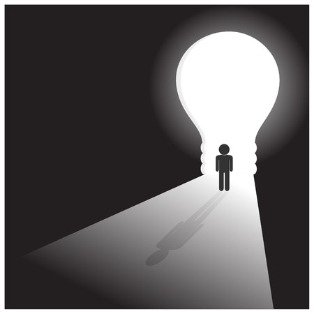 Businessman in front of a bright light bulb doorのイラスト素材