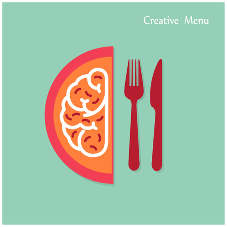 Creative brain Idea concept with fork and knife sign on background. Creativity menu concepts, business concept.Vector illustrationのイラスト素材