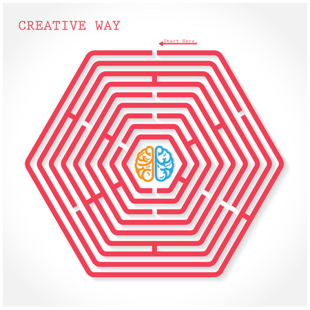Creative hexagon maze way concept. Creative brain symbol  in the middle of hexagonal maze, education sign , business ideas .Vector illustration.のイラスト素材