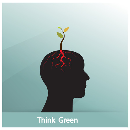 Think green concept. Tree of green idea shoot grow on human symbol. business and green industrial idea. Vector illustrationのイラスト素材