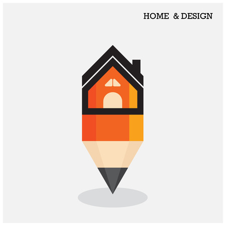 Home icon and pencil symbol in flat design style.  Vector illustrationのイラスト素材