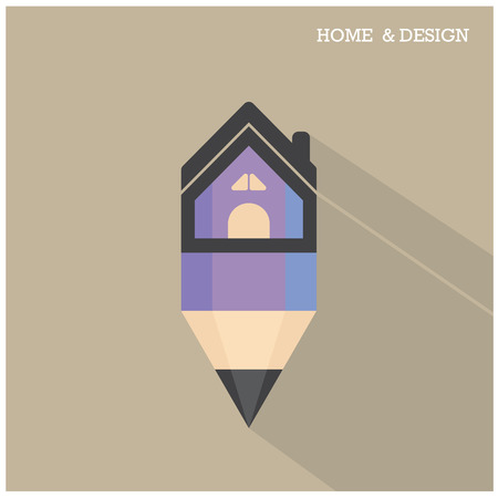 Home icon and pencil symbol in flat design style with long shadow. Vector illustrationのイラスト素材