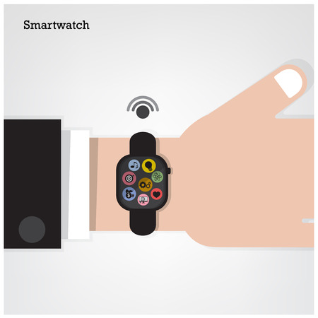 Smartwatch on  businessman hand  and internets connection sign. Vector illustrationのイラスト素材