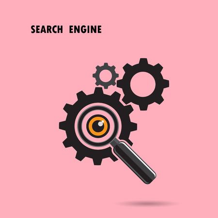 Magnifying optical glass with Gears icon on background. Search engine concept. icon template design. Vector illustration.のイラスト素材