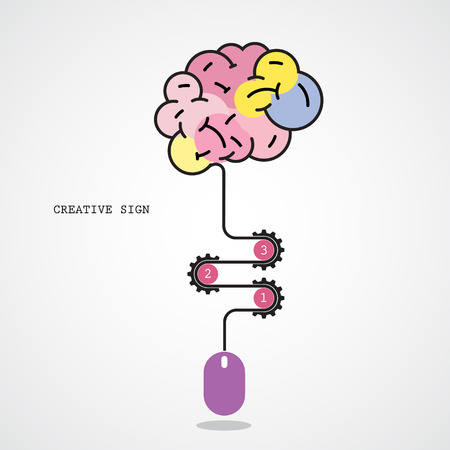 Creative brain idea concept and computer mouse symbol. Progression of idea concept. Business, education and industrial idea. Vector illustrationのイラスト素材
