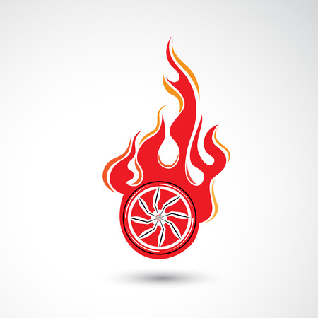 Wheel in Fire flame Logo design vector template. Car Logotype. Concept icon for race, auto repair service, tire shop. Vector illustrationのイラスト素材