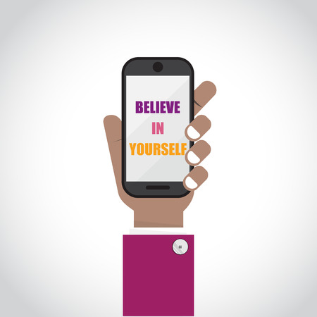 Businessman with smartphone symbol with "Believe in yourself "concept idea. Creative Vector Typography Concept. Inspirational work and success business quote. Business and education concept.Vector illustrationのイラスト素材