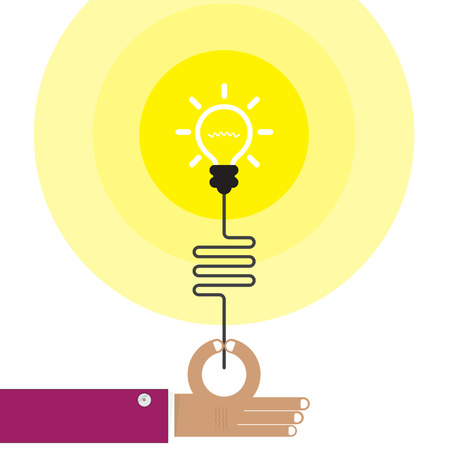 Young businessman hand with creative light bulb sign and business idea concept,business design elements. Flat Design Vector illustrationのイラスト素材