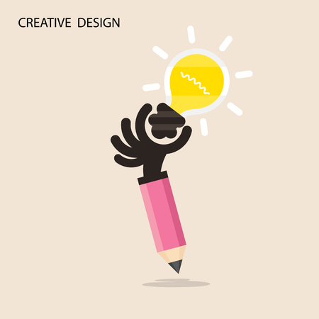 Creative bulb light idea and pencil hand icon,flat design.Concept of ideas inspiration, innovation, invention, effective thinking. Business ,knowledge and education concept.Vector illustrationのイラスト素材