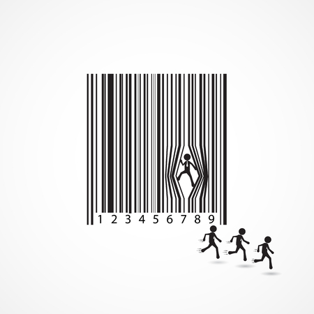 Businessman sign with dilapidation barcode.Escape,flee,lift,move,force,prise,prize,cartoon,business concept.Vector illustration.のイラスト素材