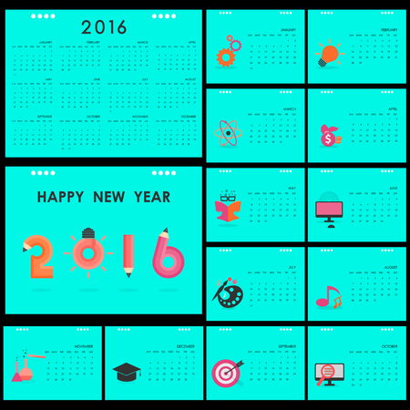 Desk Calendar 2016 Vector Design Template.Set of 12 Months.Week Starts Sunday.Education and business concept.のイラスト素材