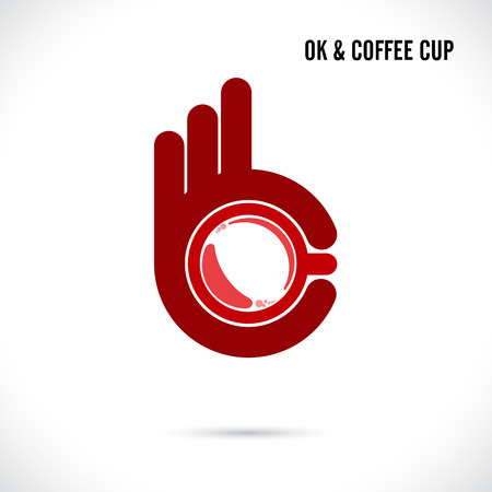 Creative hand and coffee cup abstract logo design.Hand Ok symbol icon.Coffee shop,corporate business creative logotype symbol.Vector illustrationのイラスト素材