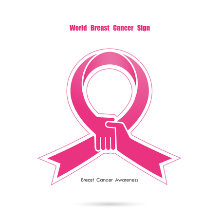 Pink handshake and help logo elements design.Breast cancer awareness logo design.Breast cancer awareness month icon.Realistic pink ribbon.Pink care logo.Vector illustrationのイラスト素材