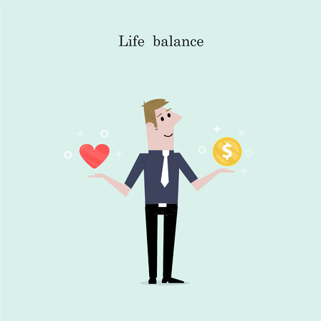 Manager,Office Worker or businessman with the golden coins and red heart icon on his hand.Concept of work and life balance.Vector flat design illustrationのイラスト素材