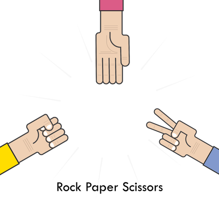 Rock Paper Scissors for it sign.Hand of businessmans with Rock Paper Scissor hand game. How to play arm gestures. Vector illustrationのイラスト素材