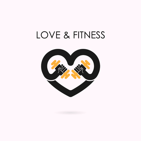 Heart sign and dumbbell icon.Fitness and gym logo.Healthcare,sport,medical and science symbol.Healthy lifestyle vector logo template.Vector illustrationのイラスト素材