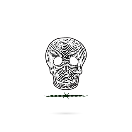  Human skull silhouettes with fingerprint and barbed wire icon. Human skull and barbed wire tattoo logo design vector template.Skull front face logo.Vector illustrationのイラスト素材