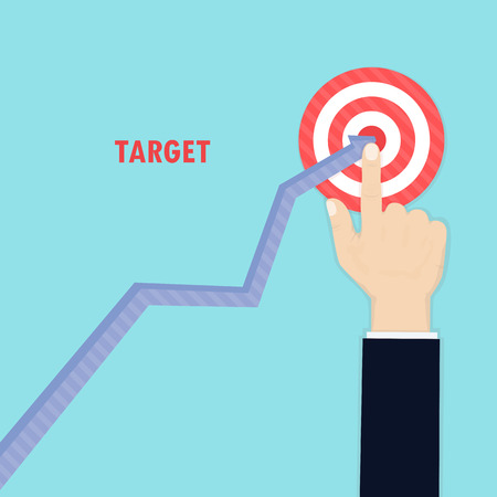 Human hand and growth graph icon on background.Goal achievement.Successful way up to goal.Ambition business.Path chart to target.Businessman to top graph.Aspiration to victory.Concept of the teamwork for successful business.Flat design vector illustrationのイラスト素材