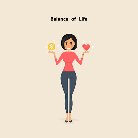 Pretty woman,Young woman with the golden coins and red heart icon on her hand.Concept of work and life balance.Vector flat design illustrationのイラスト素材