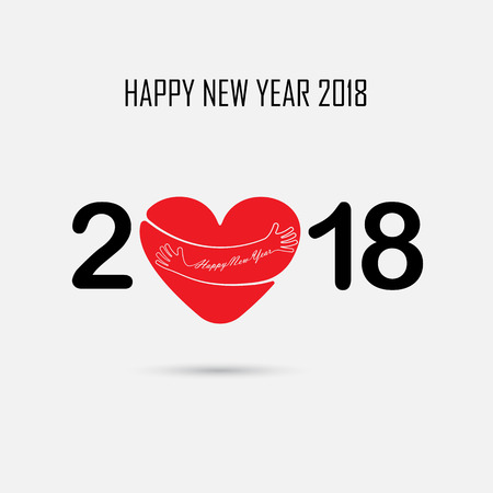 2,0,1 and 8 and hand sign with holiday background concept.Red Heart sign and Happy New Year Typographical Design Elements.Happy new year 2018 holiday background.2018 Happy New Year greeting card.Vector illustrationのイラスト素材