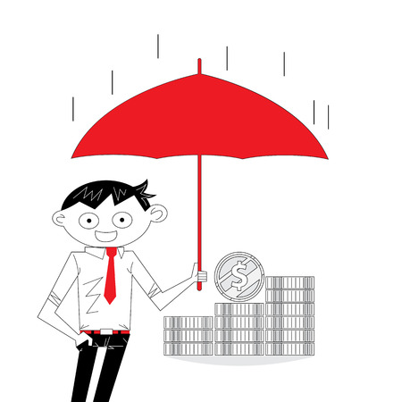Achievement or Success concept.Manager,office worker or businessman with the beard holding an open umbrella over golden coins. Concept of business insurance.Business vector concept illustrationのイラスト素材