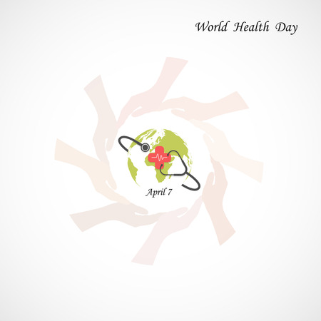 Globe sign, human hand and stethoscope vector icon design template. World Health day idea campaign concept for greeting card and poster vector illustration.のイラスト素材