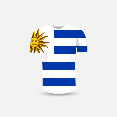 Men's T-shirt icon and Uruguay flag background.Round neck Jersey background.Front view.Shadows and highlights mock-up templates.White jersey mock up template design.Vector Illustrationのイラスト素材