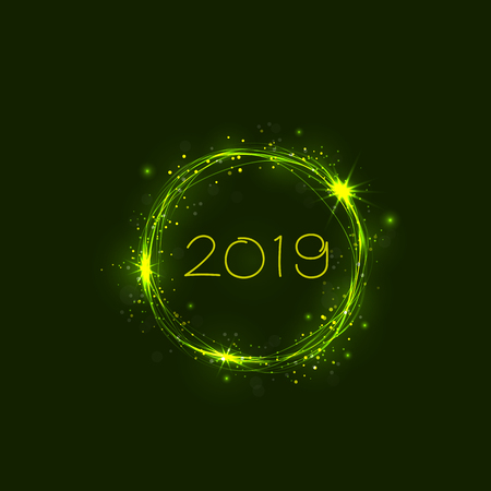 Happy New Year 2019 background.Vector illustration for holiday design.Party poster.Greeting card,banner or invitation template.Abstract burning circles with glitter swirl trail effect background.Glowing lightsのイラスト素材