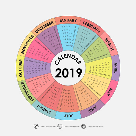 2019 Calendar Template.Circle calendar template.Calendar 2019 Set of 12 Months.Starts from Sunday.Yearly calendar vector design stationery template.Vector illustration.のイラスト素材