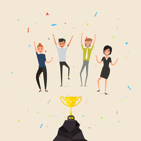 Team of happy young men & women icon with Shiny golden winner cup.Happy young business people and Golden trophy cup.Successful business teamwork concept.Business team of employees.Business company partners.Vector illustrationのイラスト素材