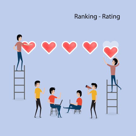 Business people cartoon character & 5 Hearts rating concept.Five hearts rating & Customer review.Raking red hearts.Businessmen sign isolated background.Reputation & quality certificate.Evaluation system.Positive review.Vector illustrationのイラスト素材
