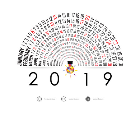 2019 Calendar Template with idea light bulb icon.Semicircle calendar.Calendar 2019 Set of 12 Months.Yearly calendar vector design stationery template.Happy New Year 2019 background.Vector illustration.のイラスト素材
