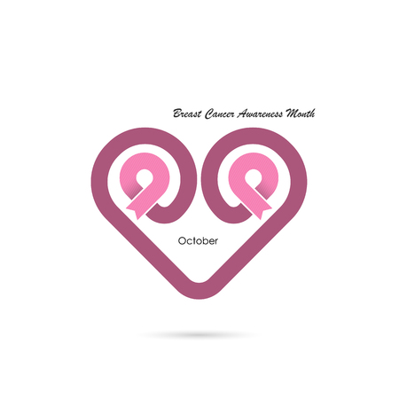 Heart shape & Pink Ribbon icon.Breast Cancer October Awareness Month Campaign banner.Women health concept.Breast cancer awareness month logo design.Realistic pink ribbon.Pink care logo.Vector illustrationのイラスト素材