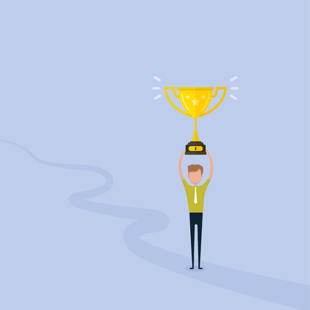 Young man icon with golden winner cup.Happy young business man and winner cup icon.People and Successful business concept.Winner,champion or victor concept.Leadership icon.Vector illustrationのイラスト素材