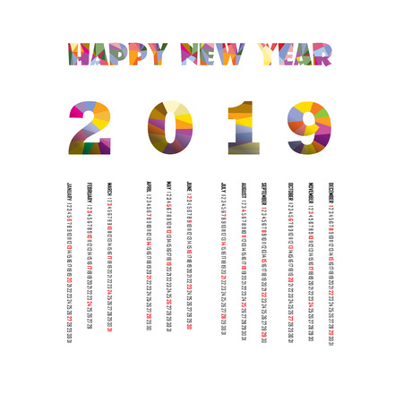 2019 Calendar Template.Calendar 2019 Set of 12 Months.Yearly calendar vector design stationery template.Vector illustration.のイラスト素材
