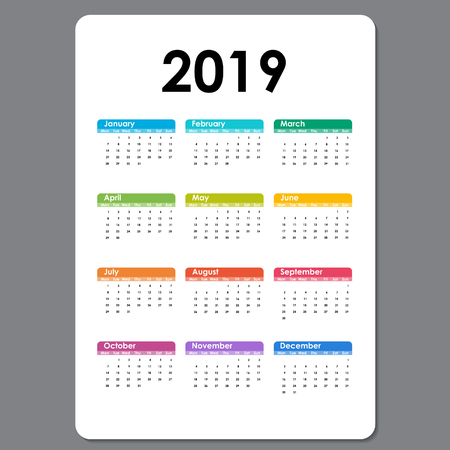 2019 Calendar Template.Calendar 2019 Set of 12 Months.Yearly calendar vector design stationery template.Vector illustration.のイラスト素材